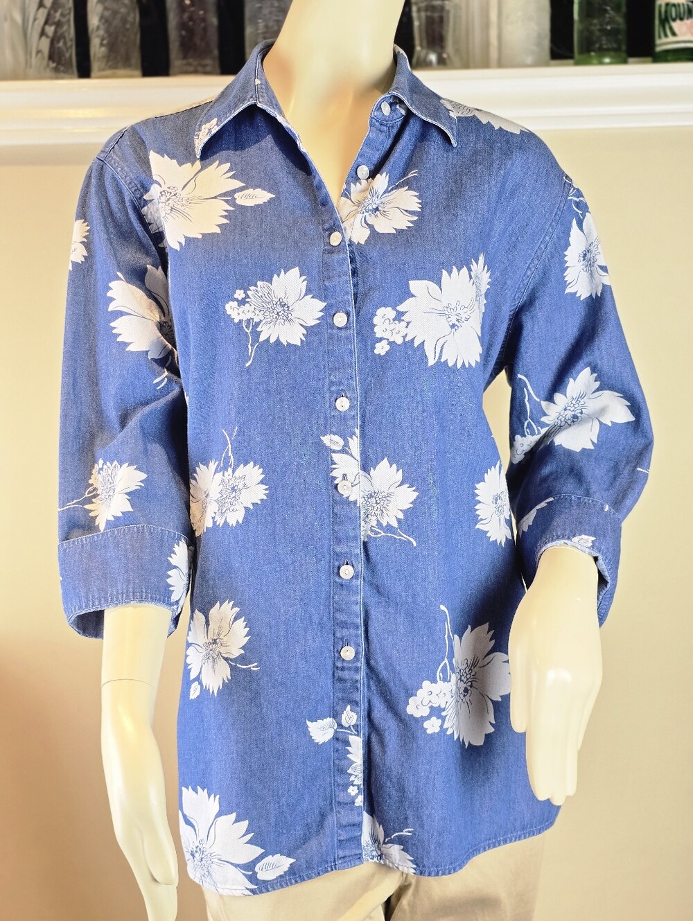 XL Vintage Liz Claiborne Floral Denim 90s Boho Buttom Up Shirt - 100% Cotton